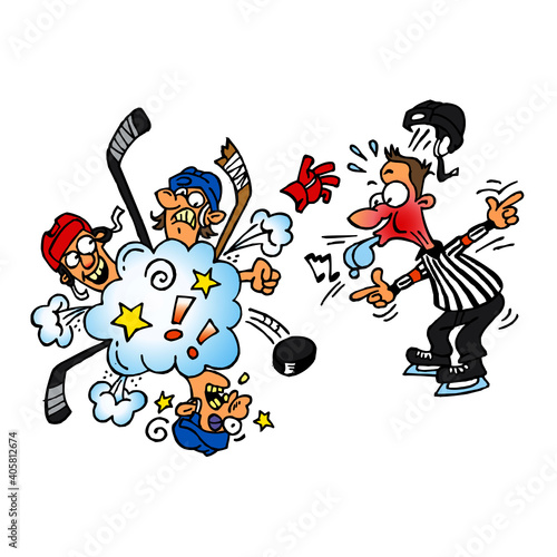 Hockey referee blowing his whistle and trying to stop the battle of several players, winter sport, color cartoon