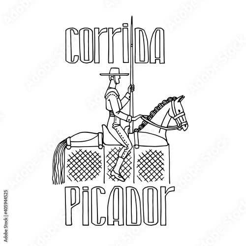 picador on horseback, the character of the Spanish bullfight, for logo, emblem and posters, vector illustration with black contour lines isolated on a white background in cartoon and hand drawn style