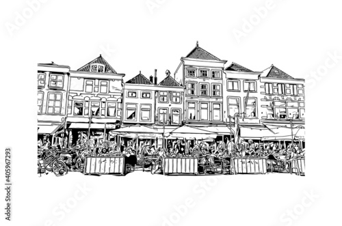 Building view with landmark of Delft is the city in Netherlands. Hand drawn sketch illustration in vector.
