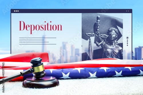 Deposition. Judge gavel and america flag in front of New York Skyline. Web Browser interface with text and lady justice.