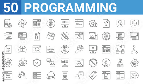 set of 50 programming web icons. outline thin line icons such as operating system,compiler,error 404,cogwheel,php,code,engineering,seo keywords. vector illustration