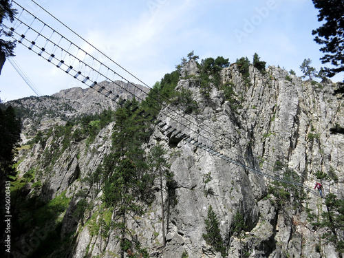 The Tibetan Bridge (Ponte Tibetano Cesana Claviere) in Claviere, ITALY. The longest Tibetan bridge in the world