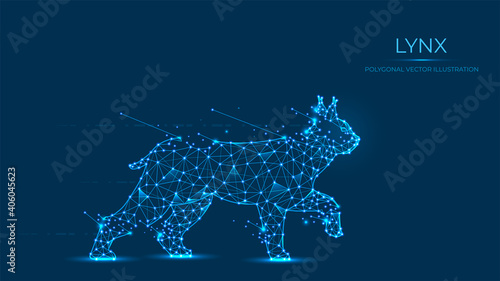 Abstract polygonal lynx made of lines and dots isolated on blue background. Low poly vector illustration of a wild cat