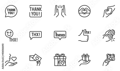 Set of Thanks Vector Line Icons. Thank You, Thankfulness, Gratitude, Appreciation. Thx Speech Bubble. Editable Stroke. 48x48 Pixel Perfect.