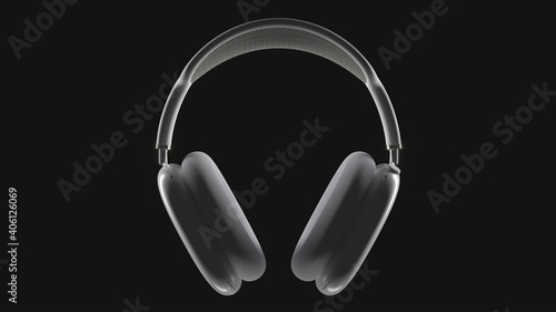 Apple AirPods MAX silver headphones. Realisitc 3d Rendering. Front view. Black background.