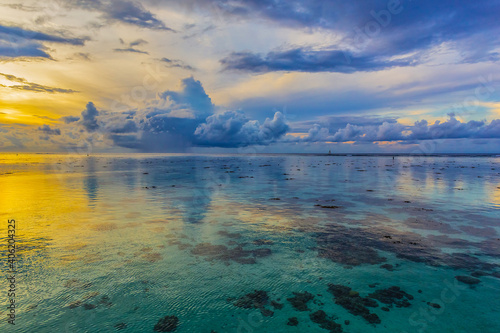Scenic Tropical landscapes on the Moorea Island, French Polynesia. Paradise Pacific Ocean at sunset.