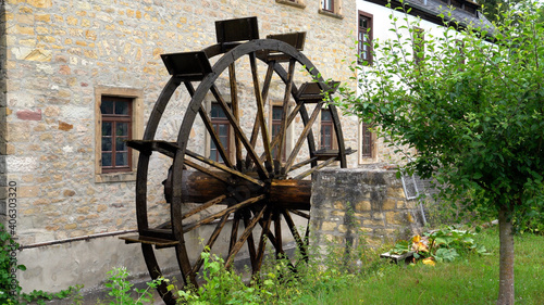 Mill wheel in motion, old watermill of Bad Sobernheim, Germany