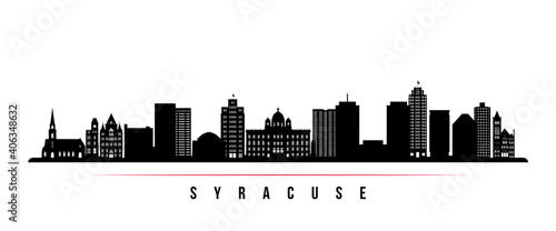 Syracuse skyline horizontal banner. Black and white silhouette of Syracuse, New York. Vector template for your design.