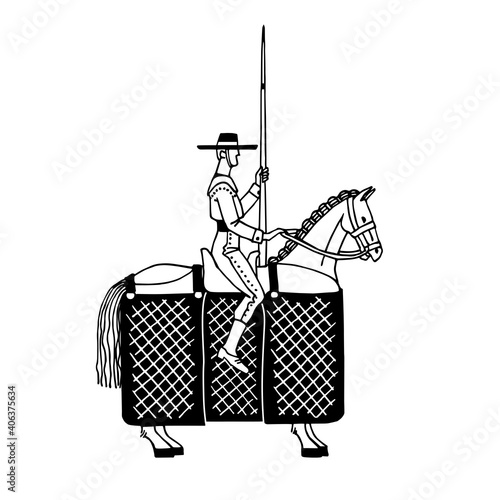 picador on horseback, the character of the Spanish bullfight, for logo, emblem and posters, vector illustration with black contour lines isolated on a white background in cartoon and hand drawn style