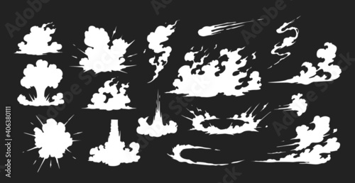 Smoke illustration set for special effects template. Explosion, bomb, steam clouds, mist, fume, fog, dust, dash,or vapor 2D VFX Clipart element for animation
