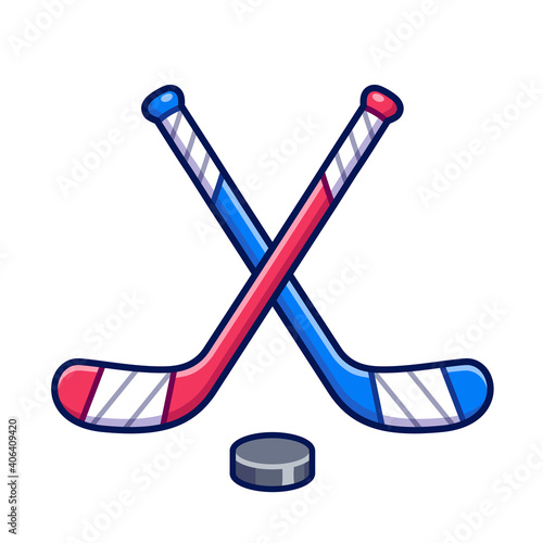 Ice hockey sticks and puck