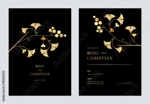 Floral wedding invitation card template design, golden ginko leaves with leaves on black