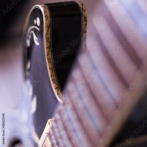 close up details of beautiful spanish semi hollow body electric guitar