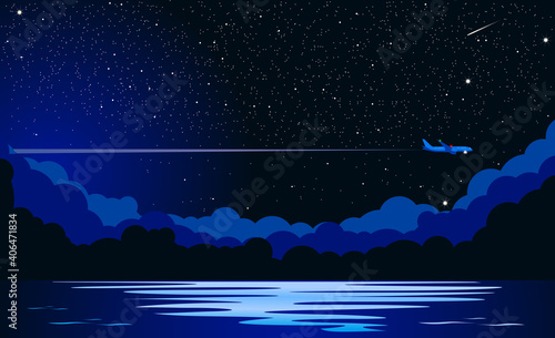 Airliner flies at night across the starry sky over the sea or ocean. Illustration, vector