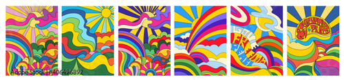 Set of 6 brightly colored psychedelic landscapes