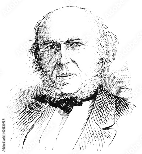 Portrait of Herbert Spencer - an English philosopher, biologist, anthropologist, and sociologist. Illustration of the 19th century. Germany. White background.