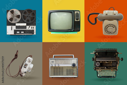 Retro electronics set. Nostalgic collectibles from the past 1980s - 1990s. objects isolated on retro color palette with clipping path.