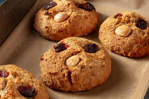 Fat Rascals, typical English rock cookie, a close-up on a baking tray