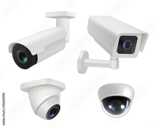 Security camera. Realistic cctv home wireless electronic inspection cameras decent vector illustrations. Video cctv camera, electronic equipment to monitoring