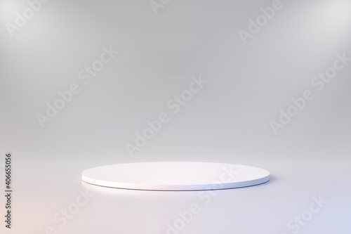 White product background stand or podium pedestal on advertising display with blank backdrops. 3D rendering.