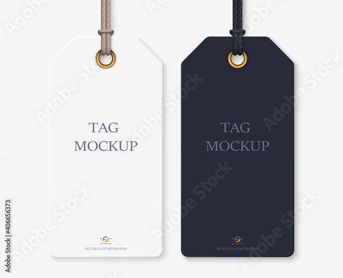 Realistic tag mockup: blank whute and black tag for your design. isolated on light transparent background. Vector illustration EPS10.
