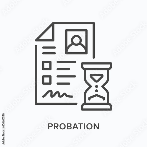 Probation flat line icon. Vector outline illustration of employee profile. Black thin linear pictogram for corporate test period