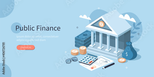 Coins, Banknotes, Financial Documents Lying Near Government Finance Department or Tax Office Column Building. Public Finance Audit Concept. Flat Isometric Vector Illustration.