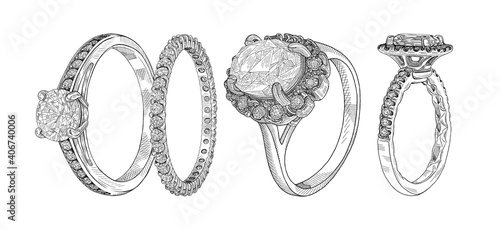 Jewellery. Hand drawn illustration of different wedding jewelry rings isolated on white background.Sketch of 4 rings in one drawing. Advertising material