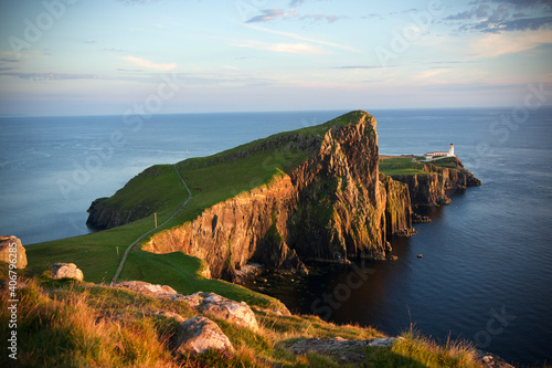 Neist Point Lighthouse at sunset, Isle of Skye, Scotland. 