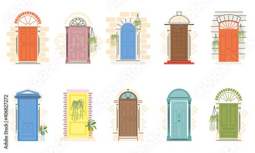 front doors with plants symbol collection vector design