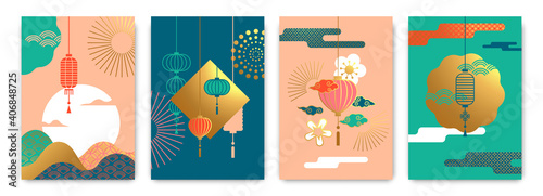Chinese lantern abstract gold pastel poster set