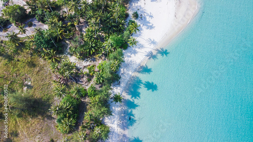 Aerial view of beautiful tropical island beach with emerald water at Koh Kood Thailand.