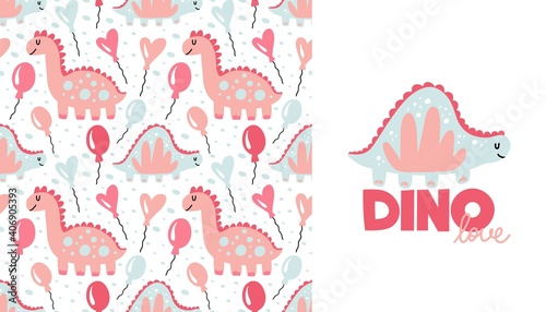 Dinosaur seamless pattern and print. Cute pink and blue doodle dino, hand drawn simple animals for girls childish prints. Flowers and leaves decor textile, wrapping paper wallpaper vector texture