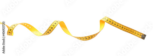 New yellow measuring tape isolated on white, top view