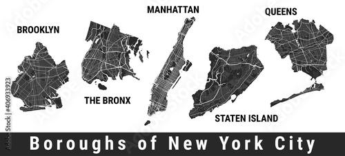 New York city boroughs map set. Manhattan, Brooklyn, The Bronx, Staten Island, Queens.