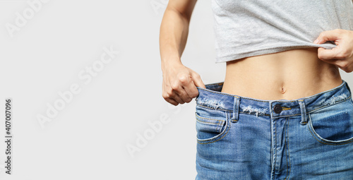 skinny woman body with Loose pants jeans, Light weight body with loose clothes