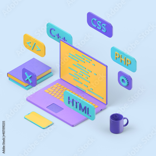 Programming isometric 3d concept. Web Development concept, programming and coding. Computer with virtual screens on light background. Isometric 3d render. 