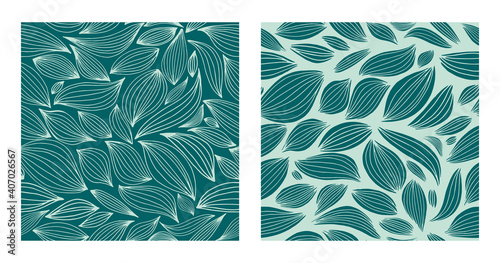 Vector seamless abstract tropical pattern set with green leaves in line art style. Simple and modern green ornament for summer decor.