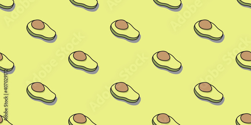 Avocado patterns on yellow wallpaper, Fruit seamless pattern. 
