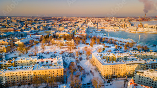 Aerial view of Helsinki in winter . Colorful sky and colorful buildings. Helsinki, Finland. 