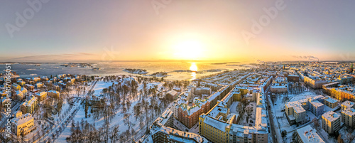 Aerial sunset view of Helsinki in winter time, Finland