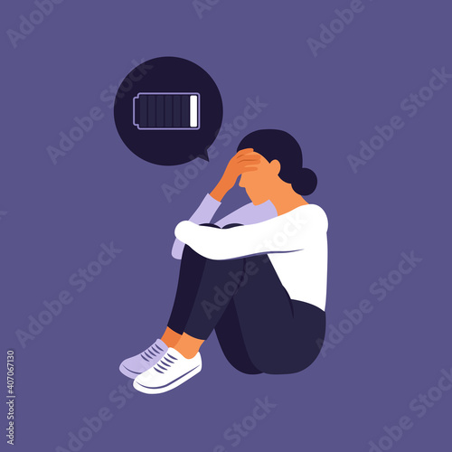 Tired woman sitting with a discharged battery in the thoughts. Concept emotional burnout or mental disorder. Vector flat