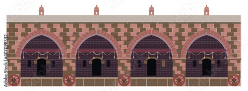 Traditional Islamic and Turkish old architecture, ancient trade Center, castle. Stone and brick buildings. Flat vector illustration isolated on white. Ottoman caravanserai architecture