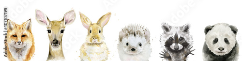Watercolour Animal set. Fox, fawn, rabbit, hedgehog, raccoon and panda. Watercolor illustration on white.