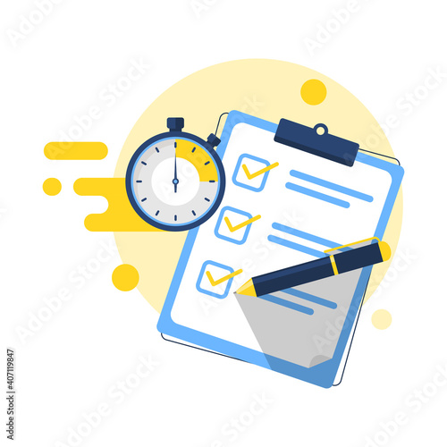 paper test with timer, checklist, exam concept illustration flat design vector eps10