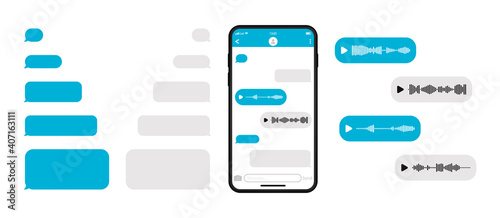 Mockup smartphone with blank template messenger chat. Telegram messenger. Voice message and empty talk bubble speech icon. Social media. Vector