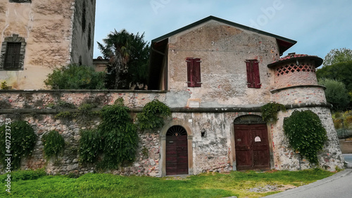 Castello Quistini or Palazzo Porcellaga, the castle of Rovato, made of stones from Sarnico, in the Franciacorta region, province of Brescia, Lombardy, Italy