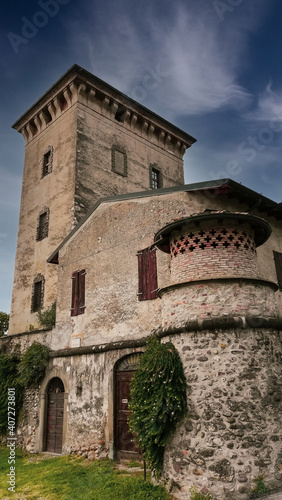 Castello Quistini or Palazzo Porcellaga, the castle of Rovato, made of stones from Sarnico, in the Franciacorta region, province of Brescia, Lombardy, Italy