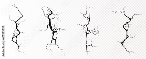 Ground cracks, breaks on land surface from earthquake isolated on transparent background. Vector realistic set of fissure in ground, crevices from disaster or drought, black fractures top view