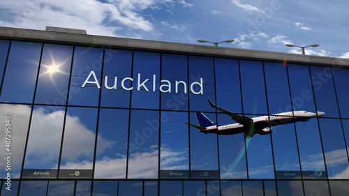 Airplane landing at Auckland New Zealand airport mirrored in terminal